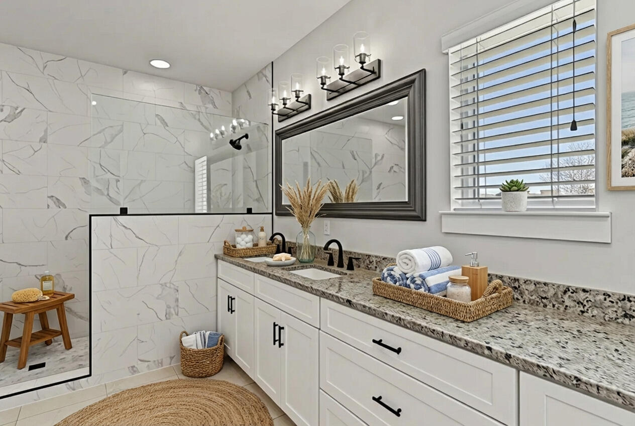 995 Airport Road, Unit 43 Destin, FL 32541 - Photo 18 of 40 a bathroom with a granite countertop sink and a mirror