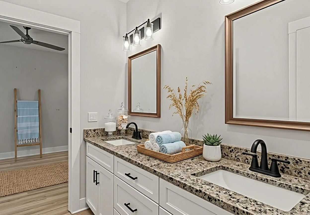 995 Airport Road, Unit 43 Destin, FL 32541 - Photo 27 of 40 a bathroom with double vanity sinks and a mirror