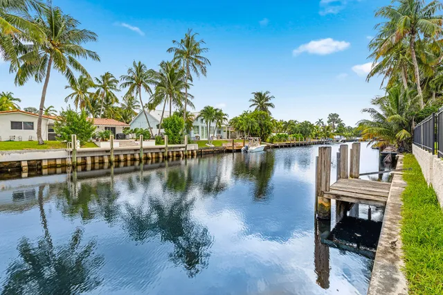 a view of a lake with a yard and potted plants