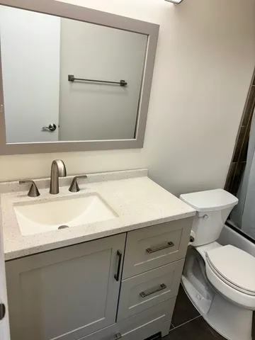 a bathroom with a sink mirror vanity and toilet