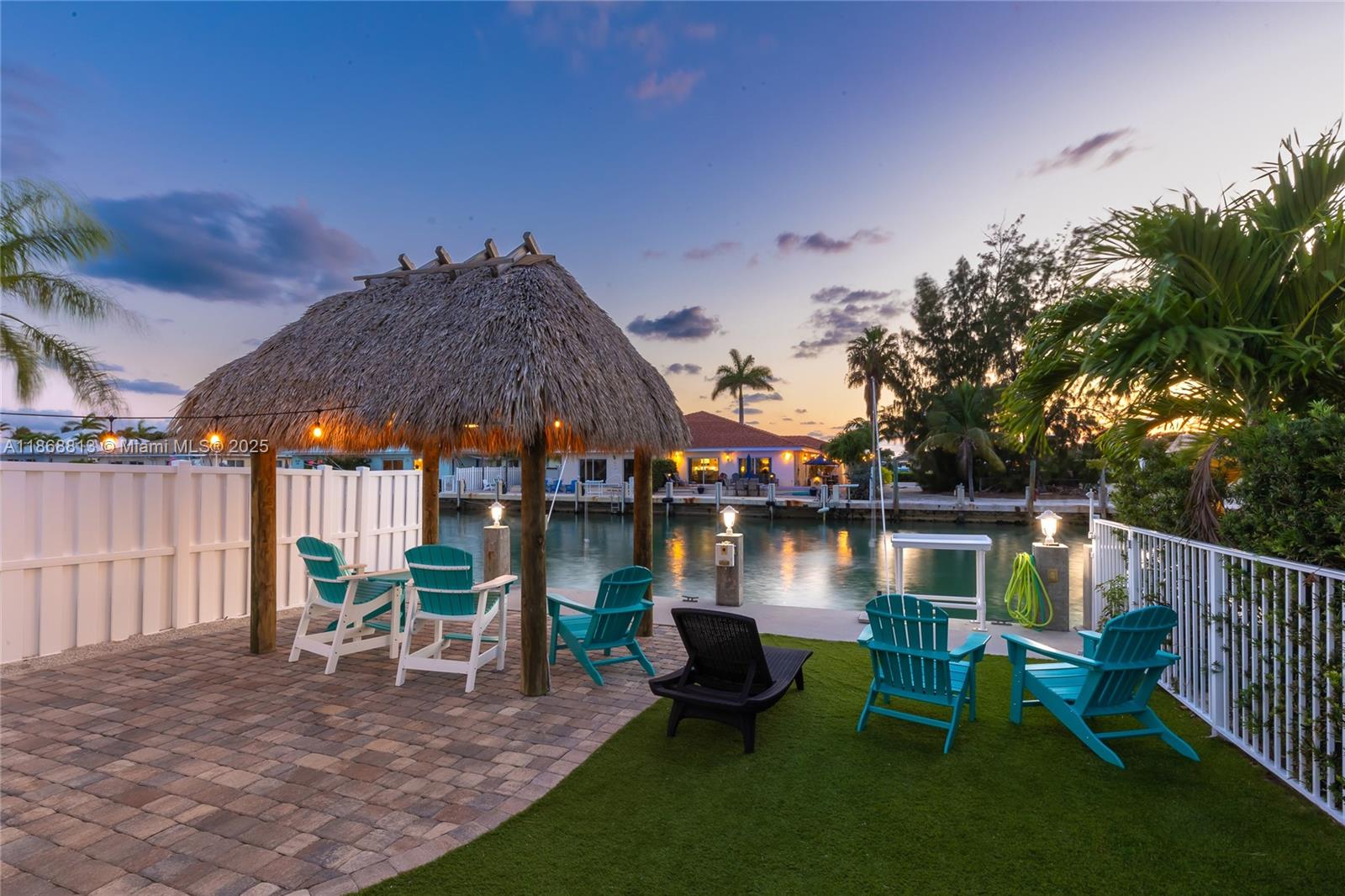 a garden view with a seating space