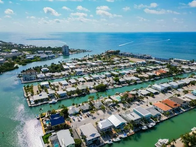 an aerial view of residential building and lake