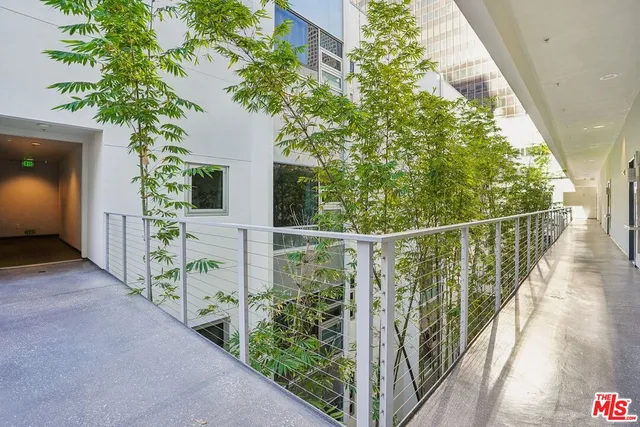 a swimming pool with potted plants and palm trees