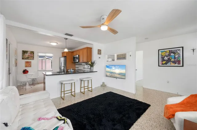 a living room with furniture ceiling fan and a rug