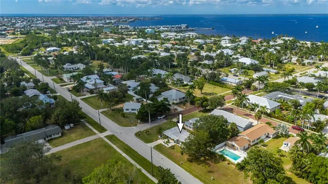 an aerial view of residential houses with outdoor space and trees