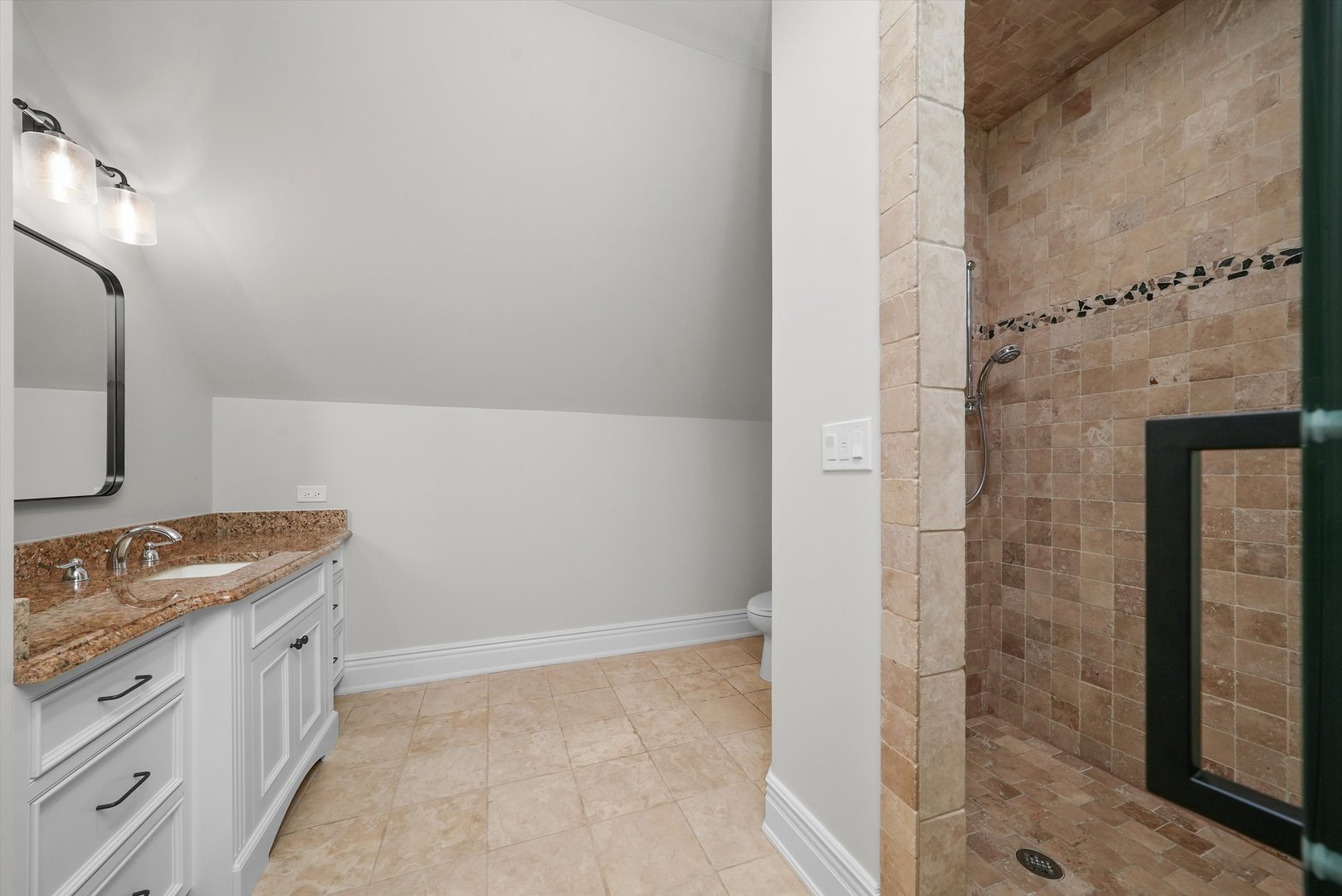 6403 South Garfield Street Burr Ridge, IL 60527 - Photo 51 of 95 a bathroom with a granite countertop sink a mirror and shower