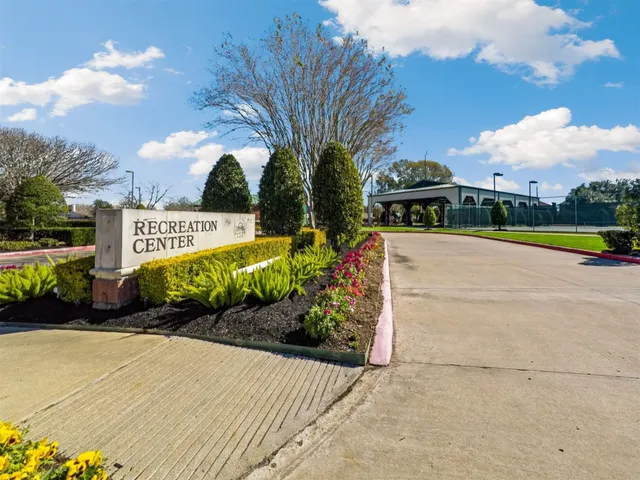 a view of a park with large trees