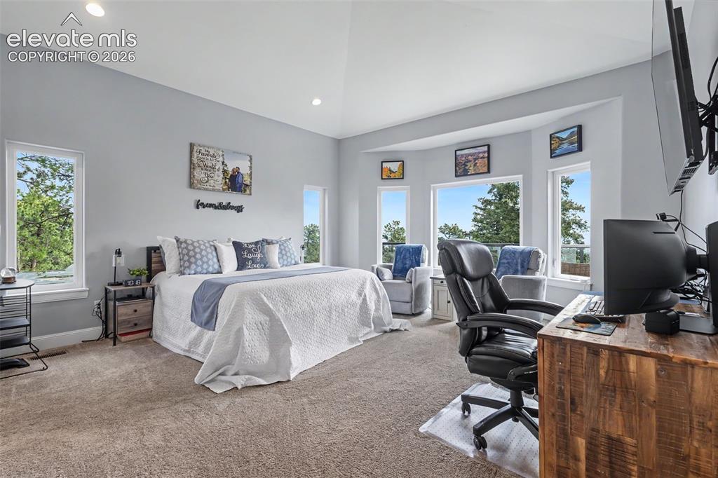 21 Leaming Road Colorado Springs, CO 80906 - Photo 25 of 48 Spacious bedroom featuring vaulted ceilings, recessed lighting, and multiple windows
