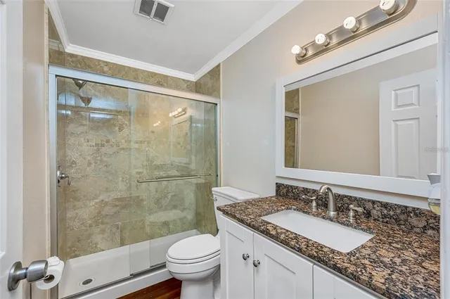 a bathroom with a granite countertop sink a toilet a mirror and shower