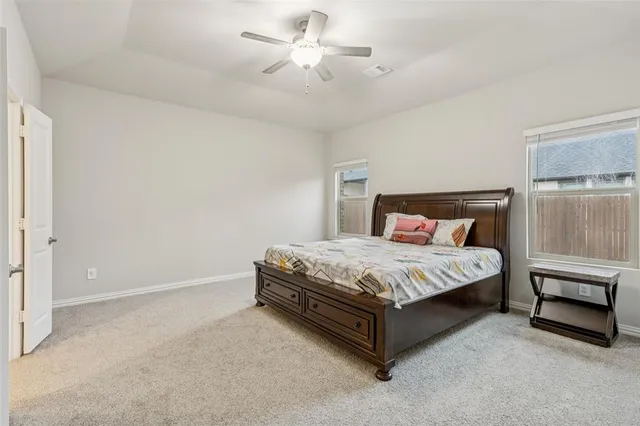 a bedroom with a bed and a ceiling fan