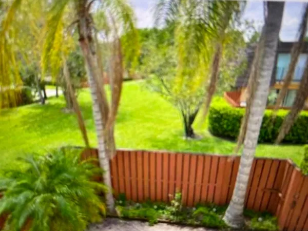 a view of a yard with plants and wooden fence