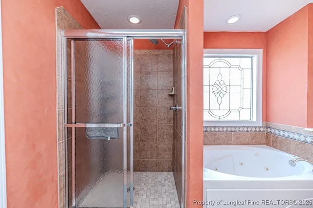 a bathroom with a bathtub and a shower
