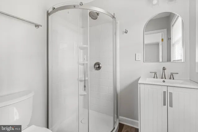 a bathroom with a shower sink vanity and mirror