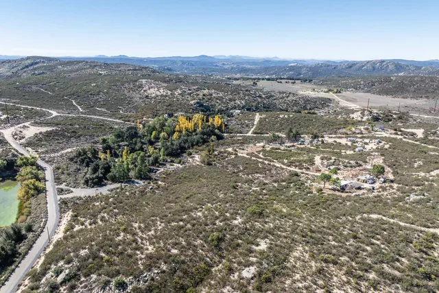 a view of a dry yard with trees