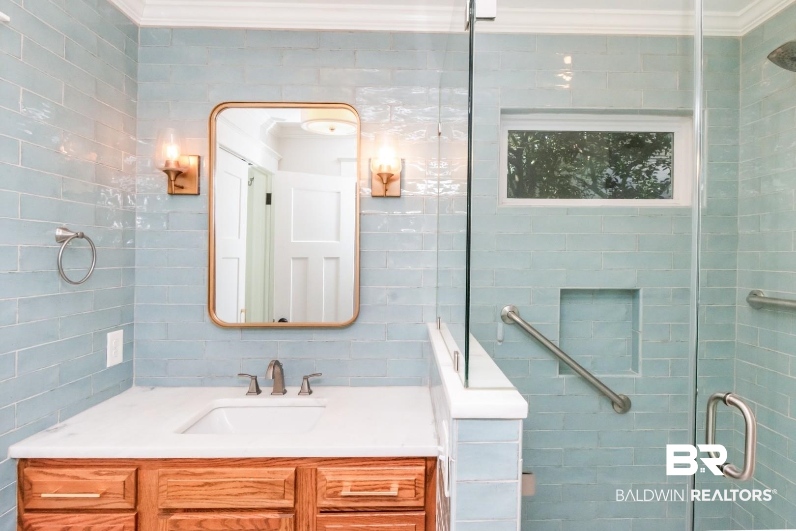 10 South Hathaway Road Mobile, AL 36608 - Photo 24 of 46 Bathroom with a shower stall, vanity, and ornamental molding