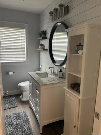 a bathroom with a toilet a sink and a mirror