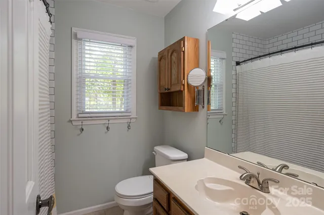 a bathroom with a sink a toilet and mirror