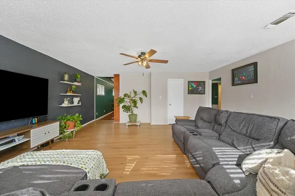 a living room with furniture and a potted plant