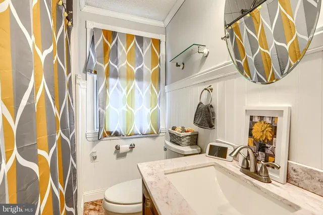 a bathroom with a sink a toilet and shower curtain