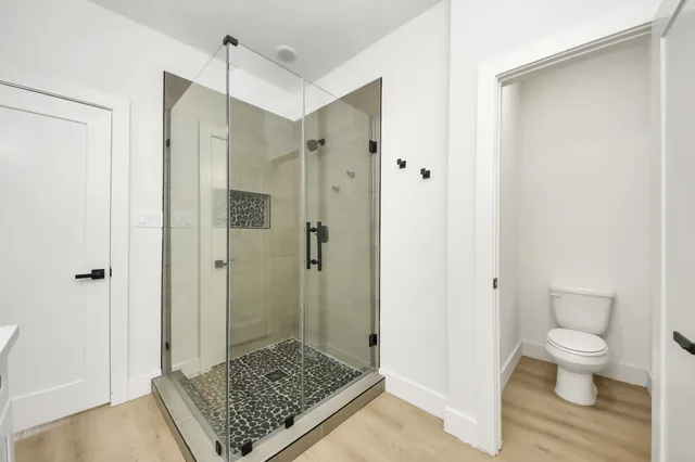 a bathroom with a shower and a toilet