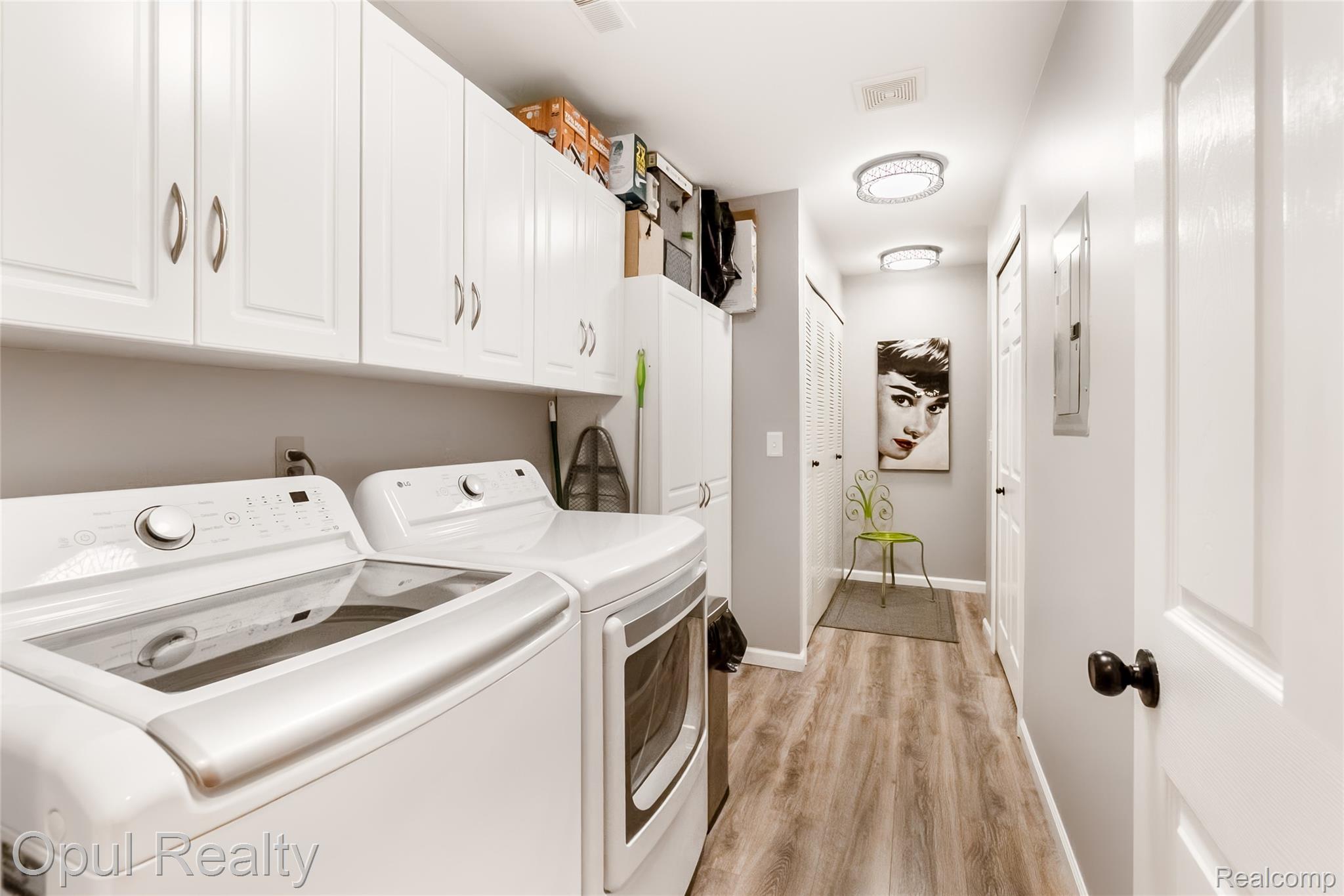 11762 Farmington Road Livonia, MI 48150 - Photo 11 of 25 Laundry area with washer and dryer, light wood-style flooring, cabinet space, and electric panel