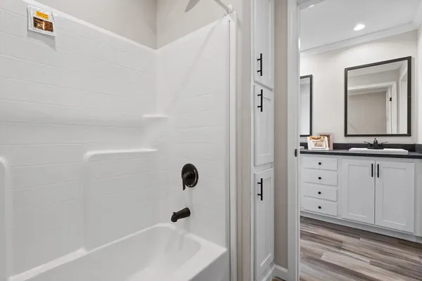 a bathroom with a bathtub a sink and a mirror