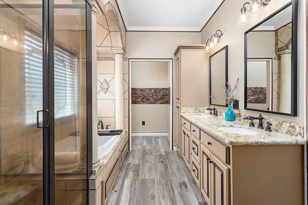 a bathroom with a granite countertop sink a mirror and shower