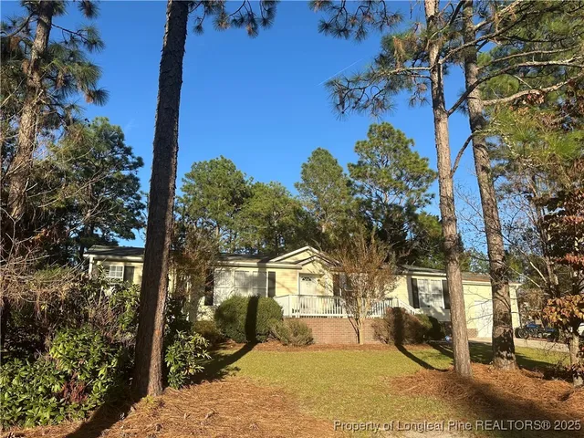 a view of a yard with plants and trees