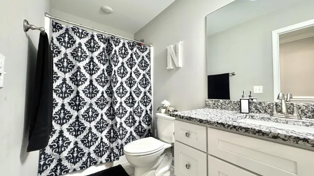 a bathroom with a sink vanity and toilet