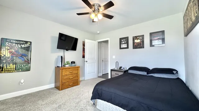 a bedroom with a bed and a chandelier