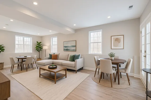 a living room with furniture a wooden floor and a window
