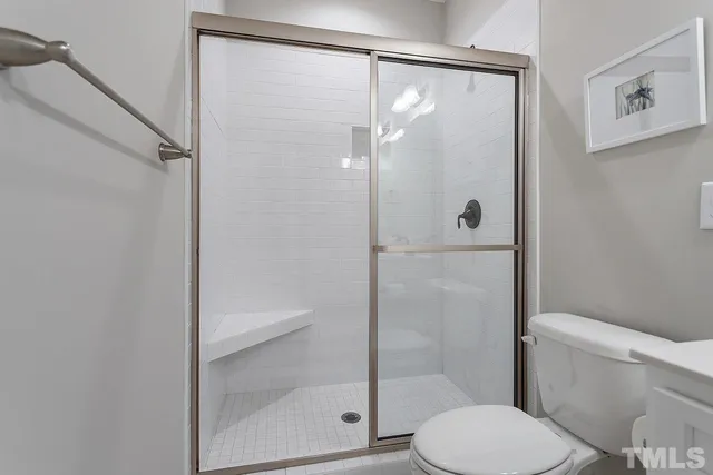 a bathroom with a shower and toilet