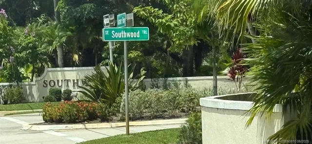 a view of a street with plants and large trees