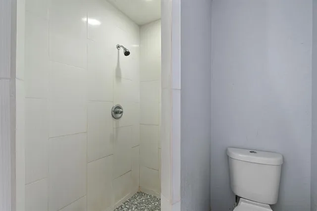 a bathroom with a toilet and a shower