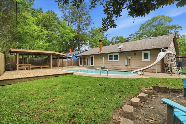 front view of a house with a patio