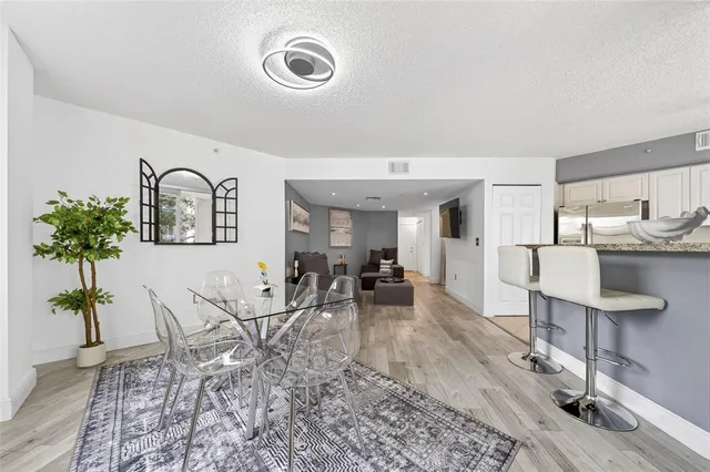 a view of a dining room with furniture