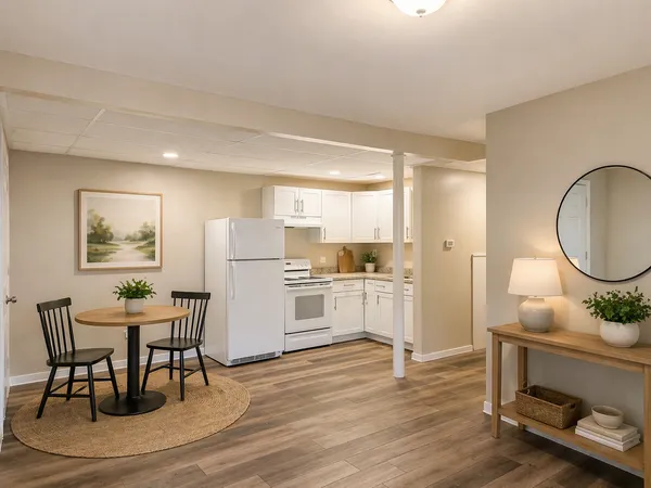 a kitchen with a dining table chairs and refrigerator