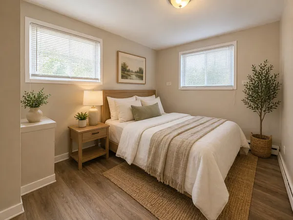 a bedroom with a bed and wooden floor