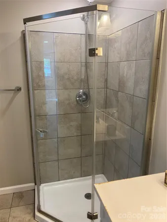 a bathroom with a shower and a sink