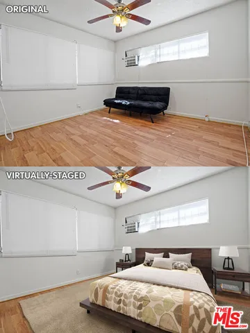 a bedroom with a bed and a ceiling fan