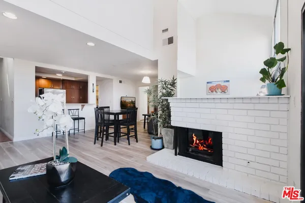 a living room with furniture a fireplace and a potted plant