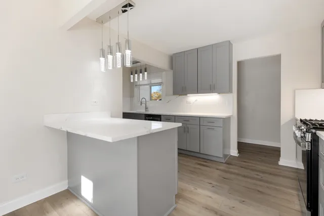 a kitchen with a sink cabinets and wooden floor
