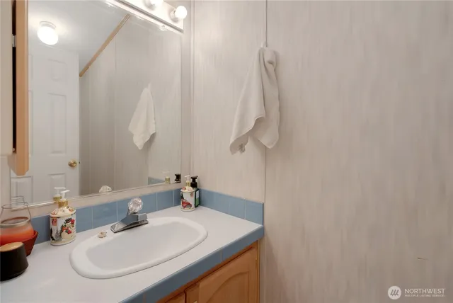 a bathroom with a sink and a mirror