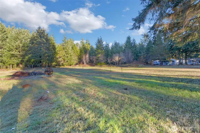 a view of yard with trees in the background