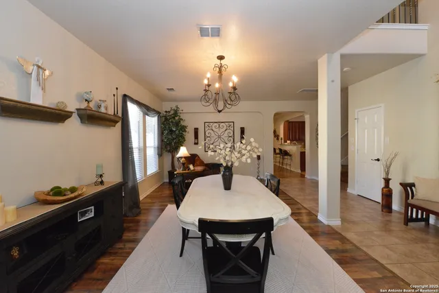 a view of a dining room with furniture