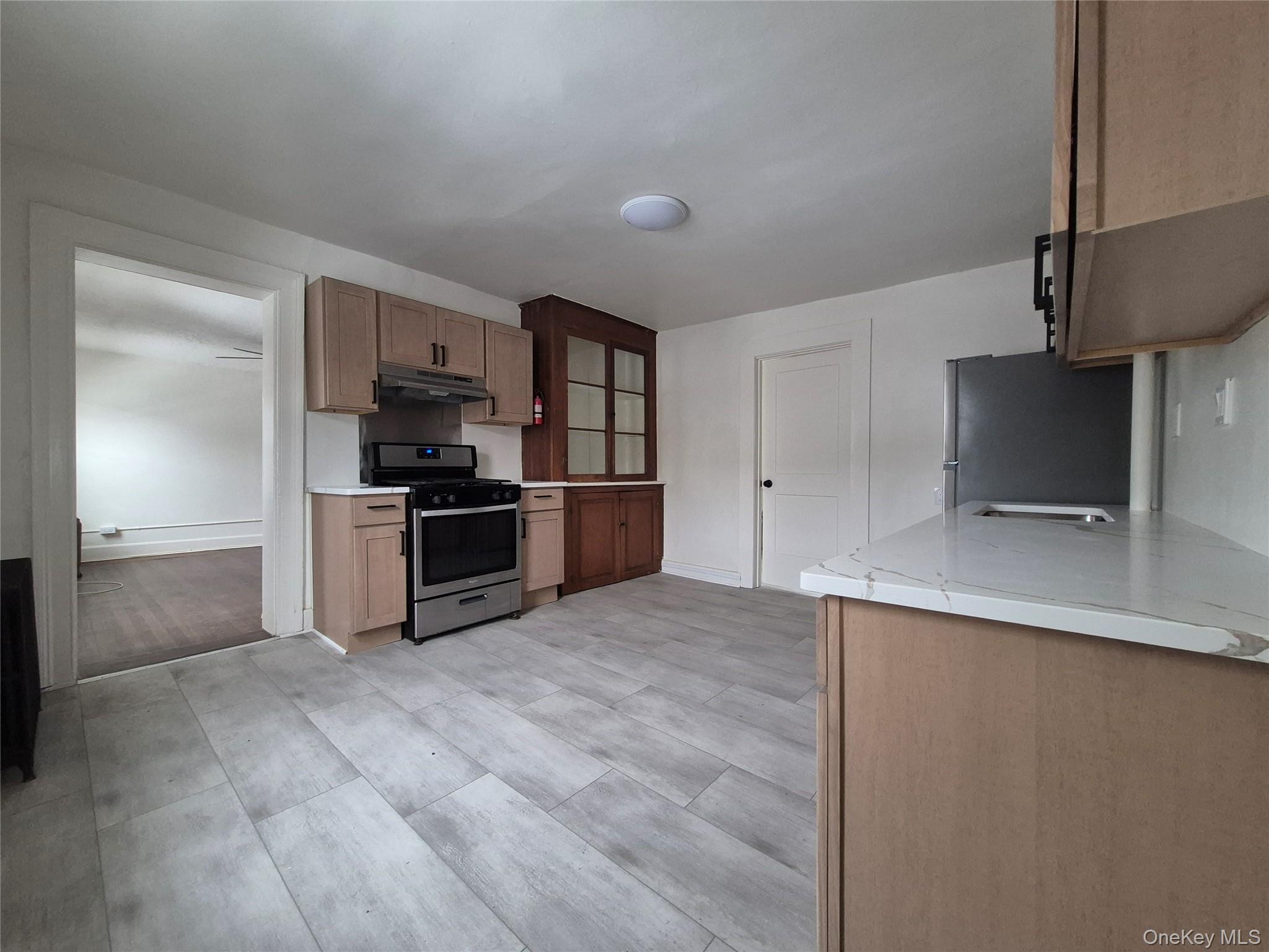207 Mill Street Poughkeepsie, NY 12601 - Photo 2 of 6 Kitchen with stainless steel appliances, glass fronted cabinets, light stone countertops, and wood finish cabinetry