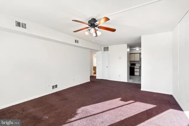a view of a ceiling fan and wooden floor