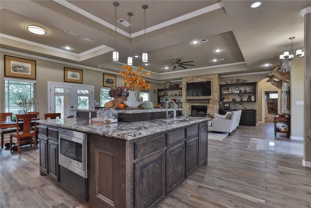 a kitchen with lots of counter top space