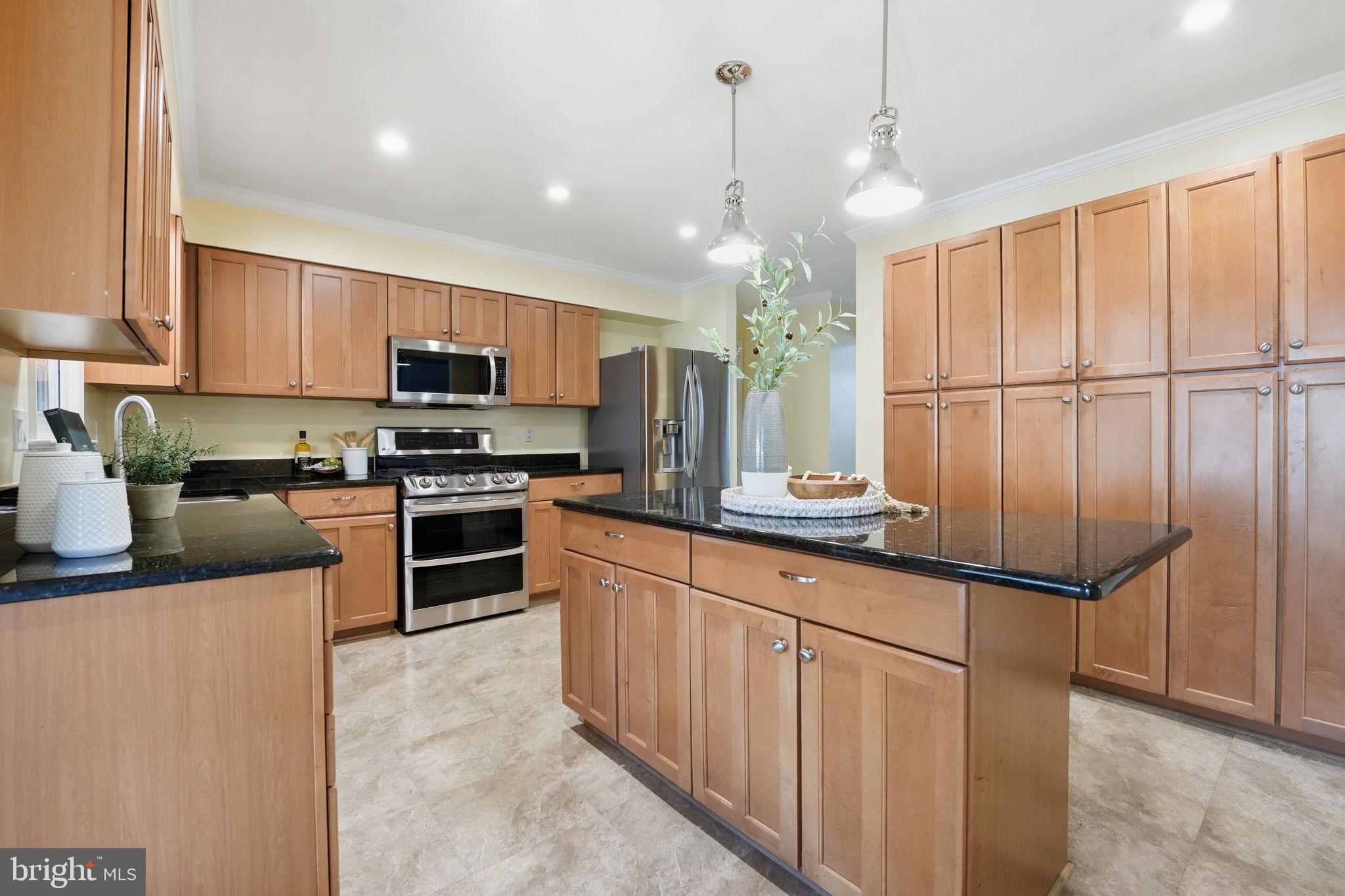 9115 Northedge Drive Springfield, VA 22153 - Photo 22 of 55 a kitchen with stainless steel appliances granite countertop a refrigerator a sink dishwasher a stove with wooden cabinets and floor