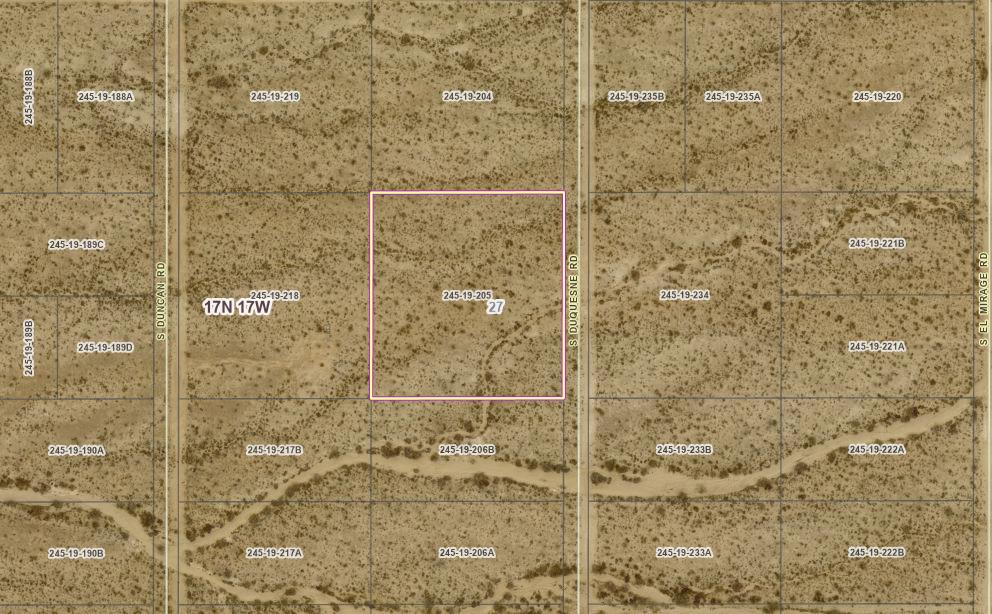 N2 Duquesne Road Yucca, AZ 86438 - Photo 44 of 49 Aerial map of property and surrounding area with property boundaries highlighted